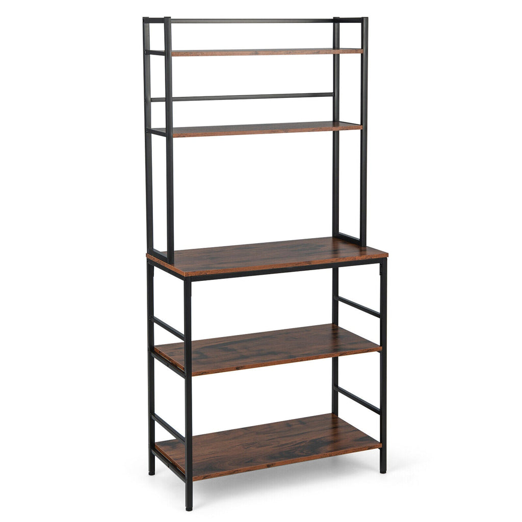 5-Tier Kitchen Bakers Rack with Hutch and Open Shelves-Rustic Brown