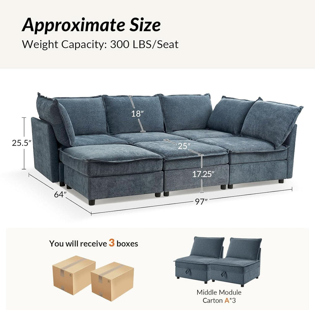 127 Inch Modular Sectional Sofa Blue Chenille U Shaped