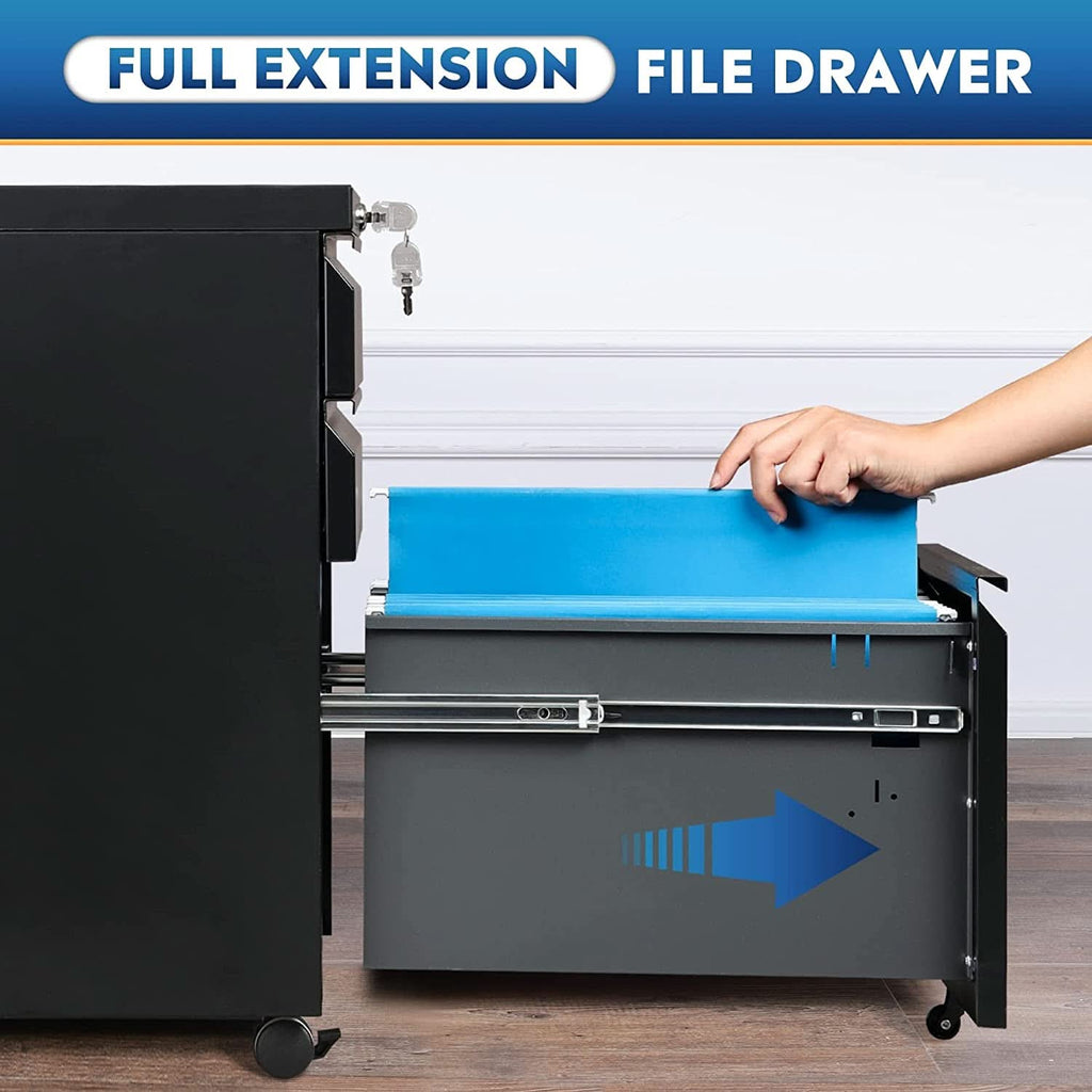 Compact Black Mobile Filing Cabinet Lockable With Drawers