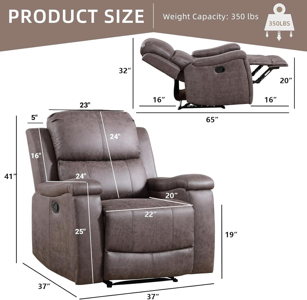 Grey Full Grain Leather Manual Recliner With Cup Holders