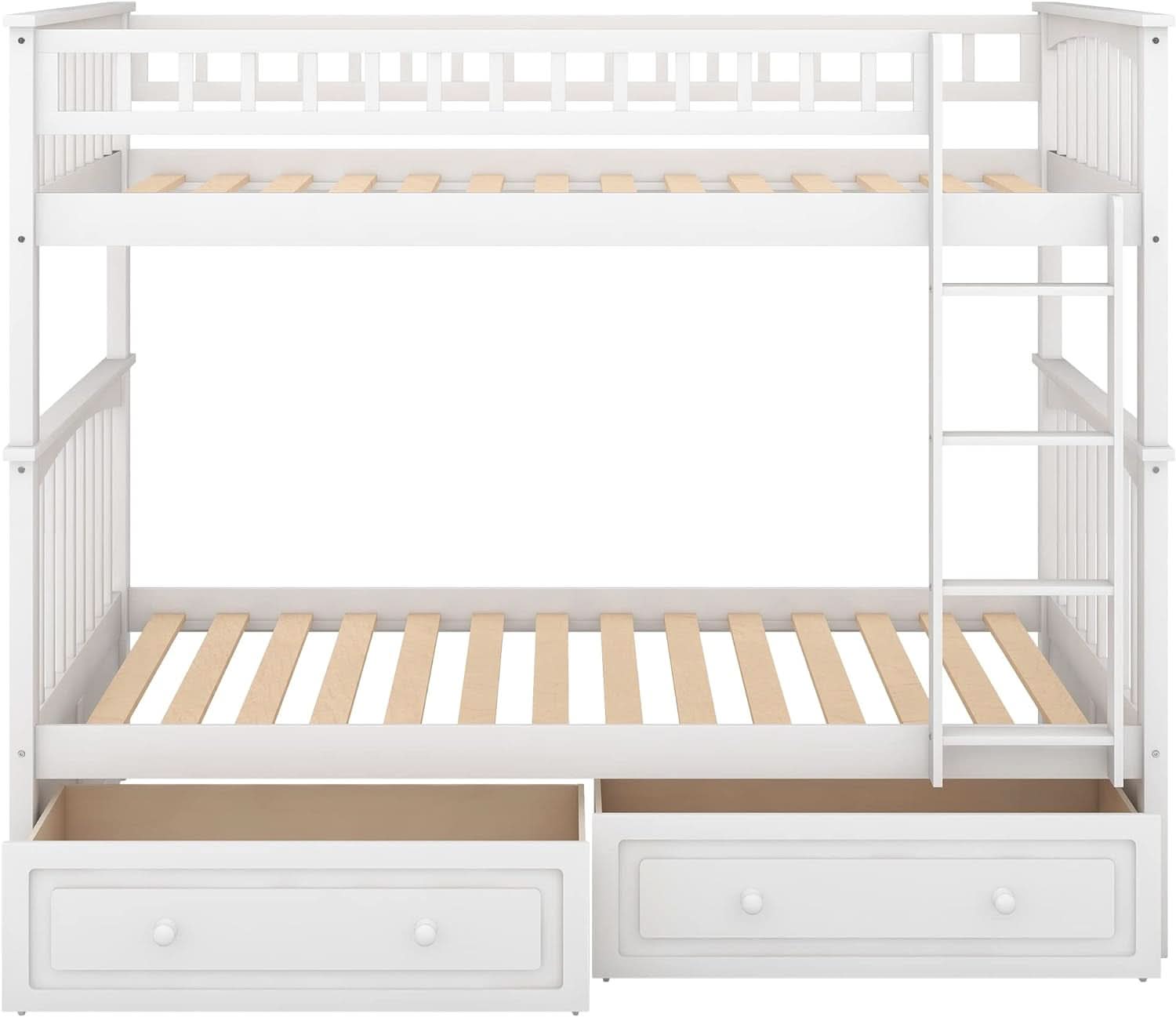 White Convertible Wood Twin Over Twin Bunk Bed With Storage Drawers