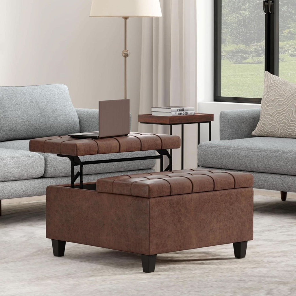 Storage Ottoman 30 Inch Distressed Saddle Brown Leatherette