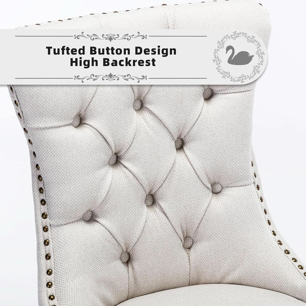 Beige Linen Dining Chairs Set Of 4 With Nailhead Trim