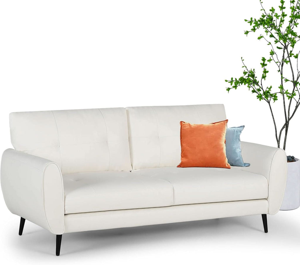 White Leather Loveseat Mid Century Modern Button Tufted