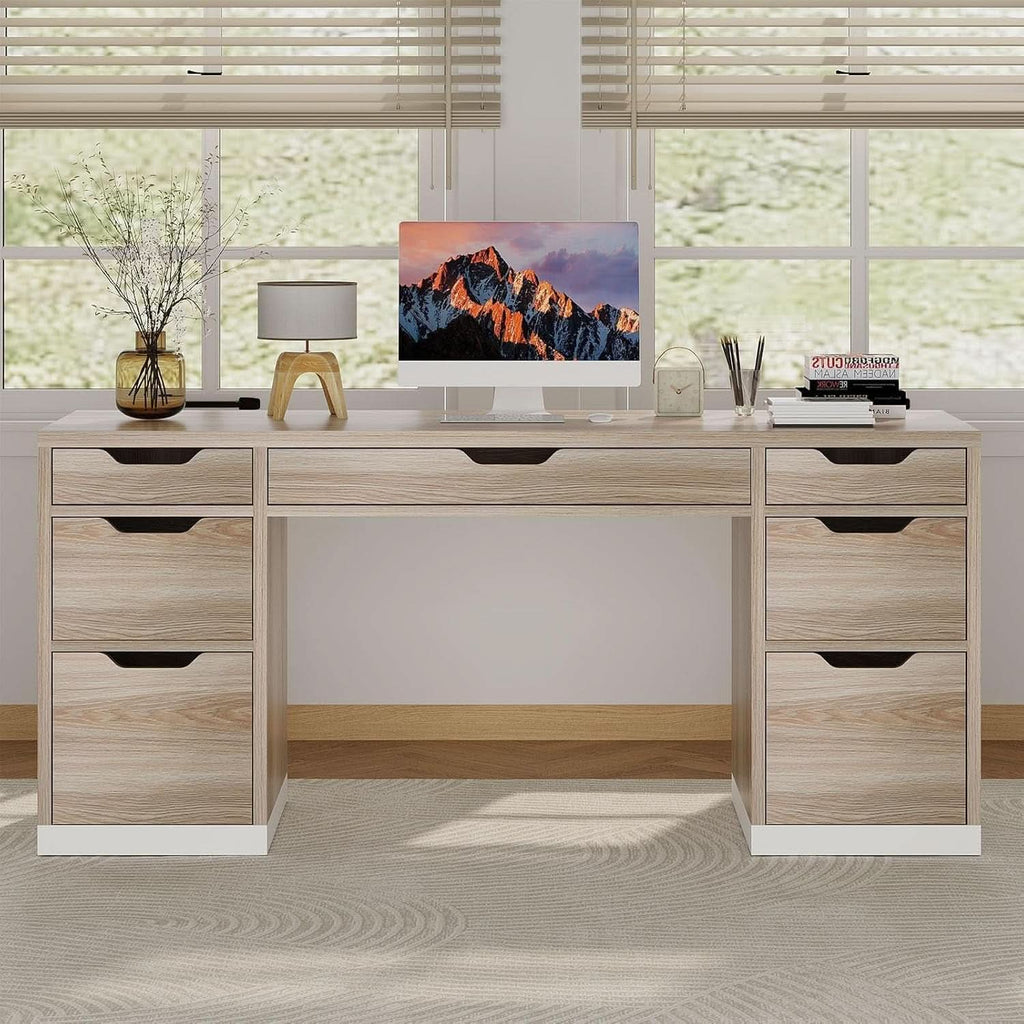 54 Inch Computer Desk With Storage Drawers White Walnut