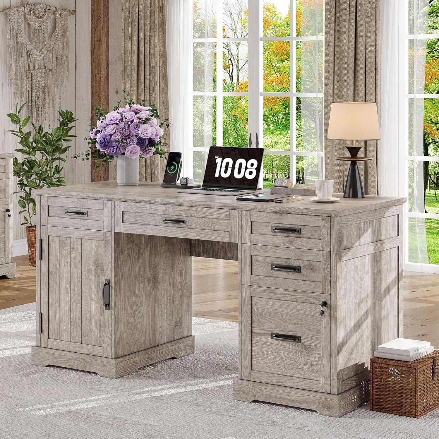 55 Inch Farmhouse Desk White Wash Gray Home Office