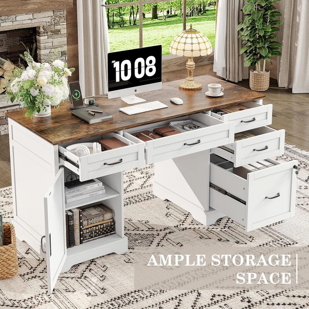 55 Inch Farmhouse Executive Desk With File Cabinet And Power Outlets