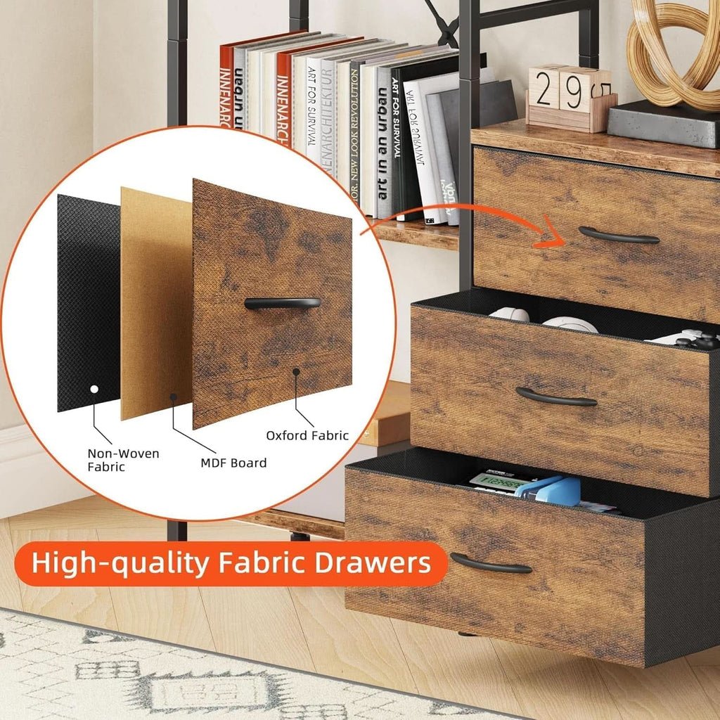 Rustic Brown Triple Bookshelf With Drawers 47 Inch Wide