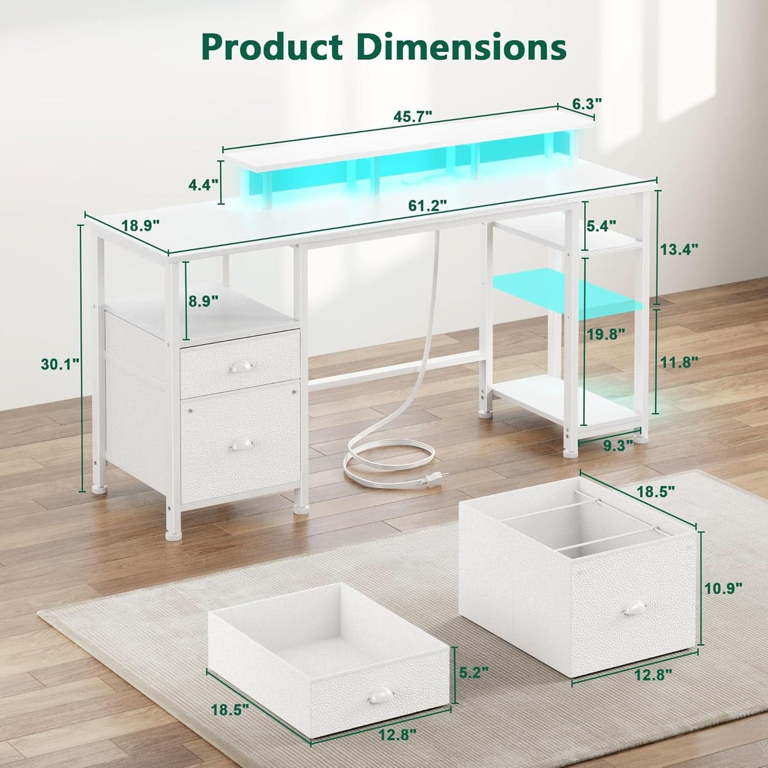 Sixty One Inch Computer Desk LED Illumination White Finish