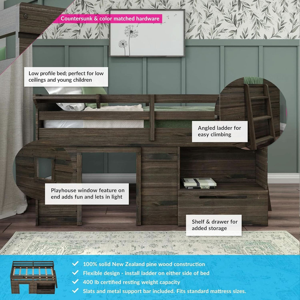 Twin Size Solid Wood Loft Bed With Storage Drawer And Ladder Barnwood Brown