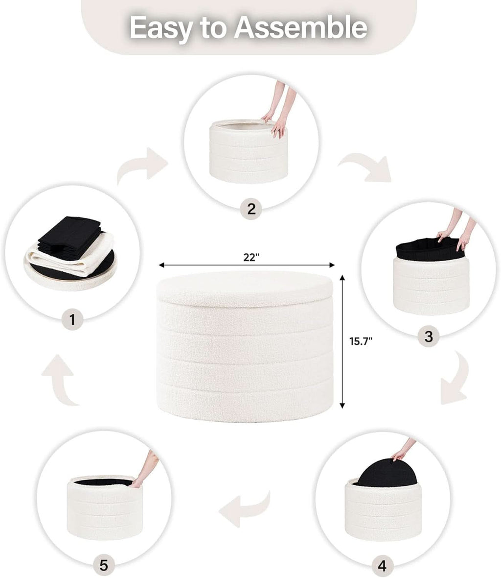 White Twenty TwoIn Round Sherpa Boucle Ottoman Tray