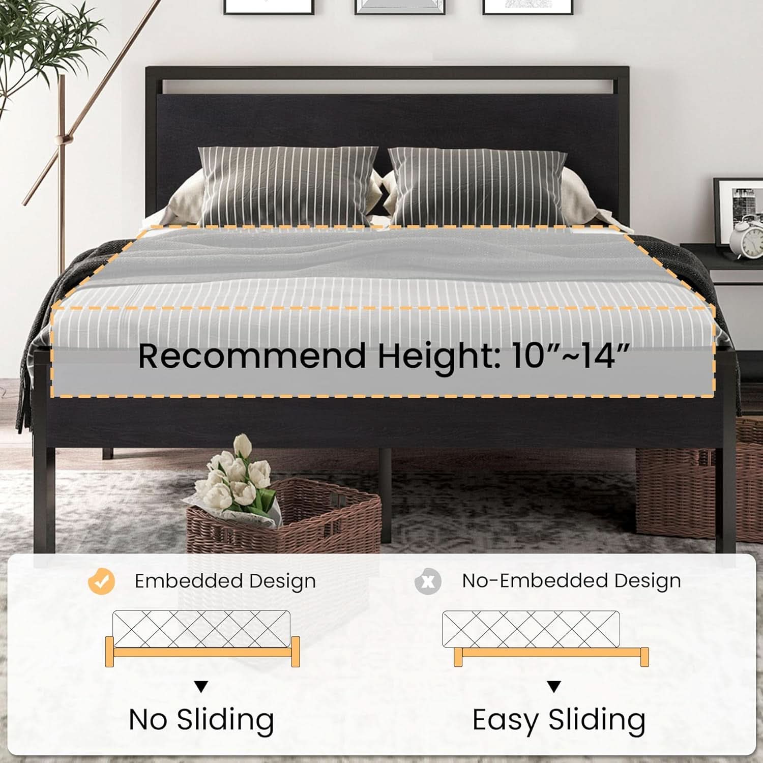 Sturdy Metal Platform Bed Frame With Wooden Headboard 800Lb