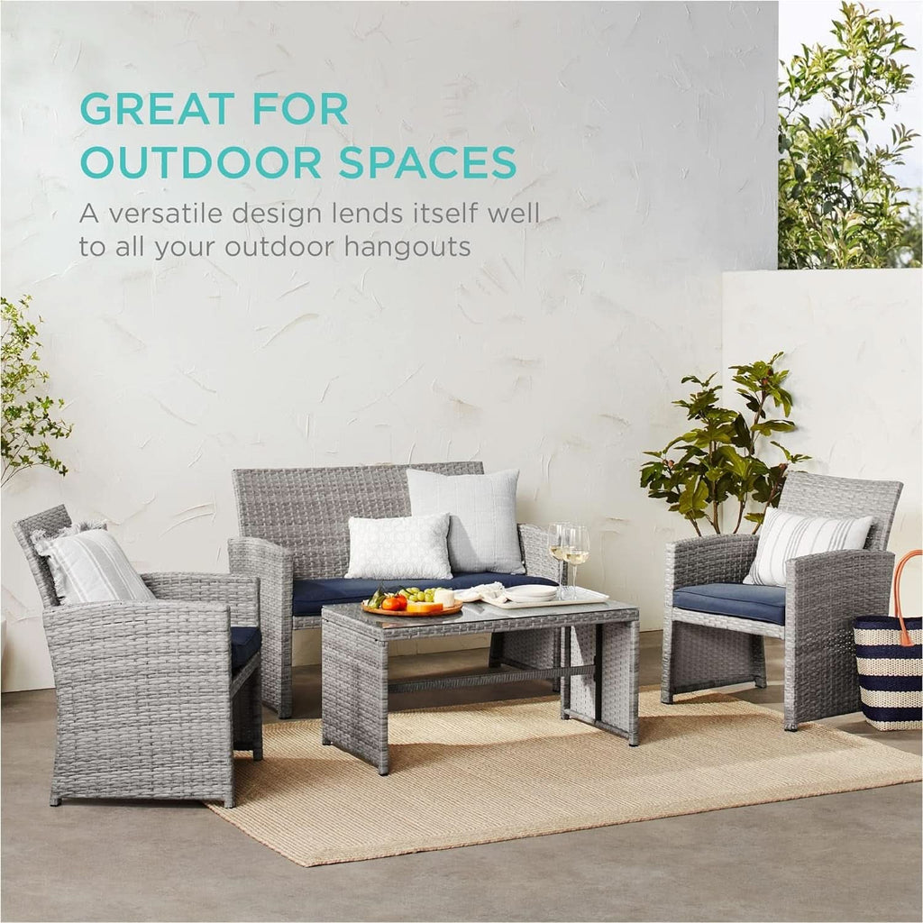 4 Piece Gray Navy Wicker Patio Conversation Set With Coffee Table