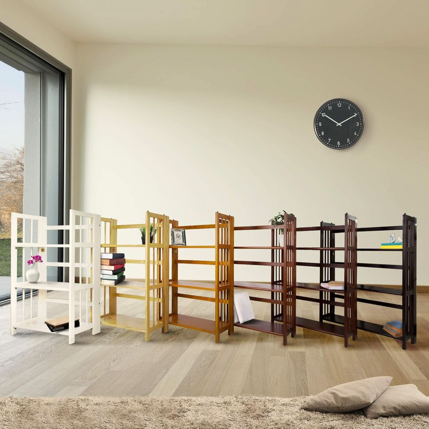 3-Shelf Folding Stackable Bookcase 27.5 Inch Wide Honey Oak