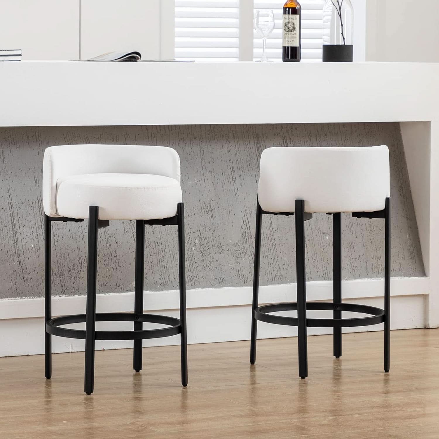 26 Inch Round Faux Leather Bar Stools Set Of 2 White