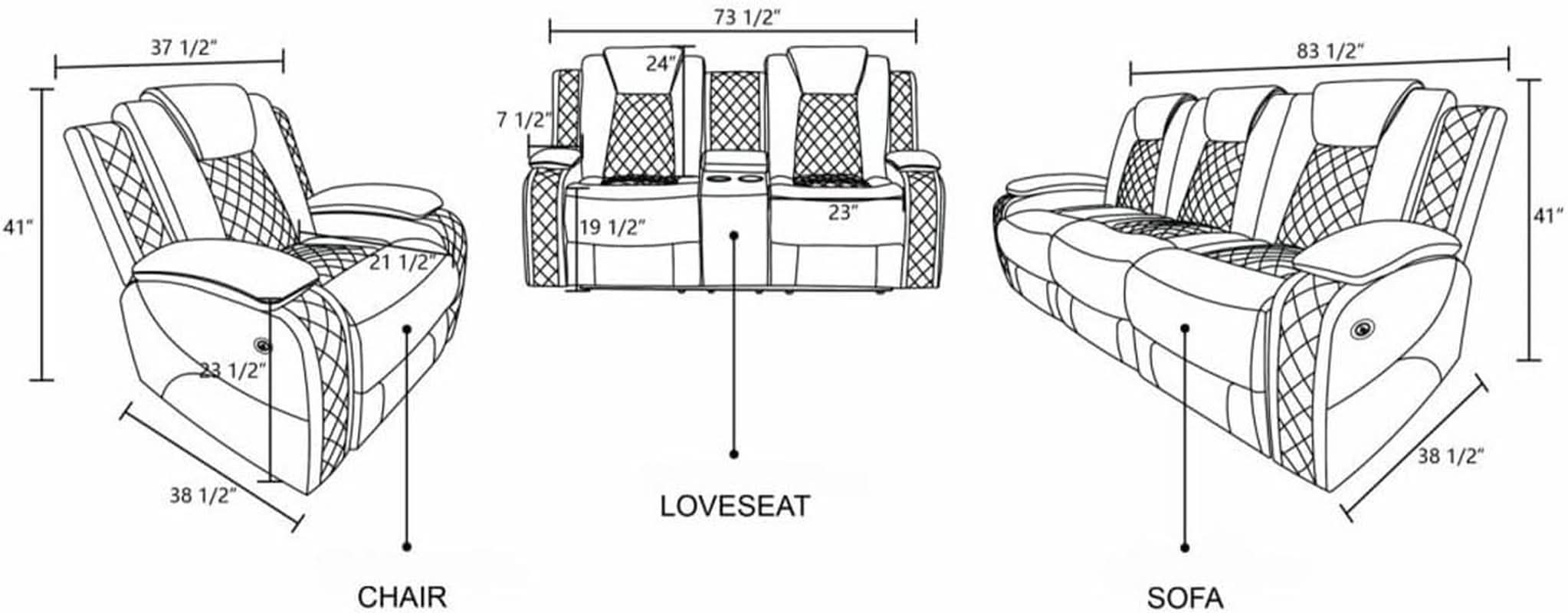 White Power Recliner Sofa With LED Lighting USB Charging