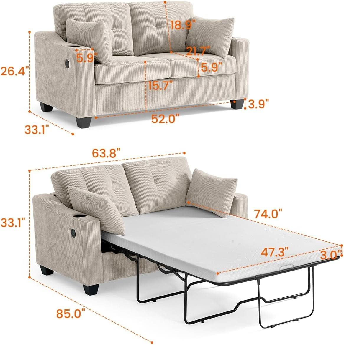 Full Size Corduroy Transformable Sofa Bed USBChargingPort