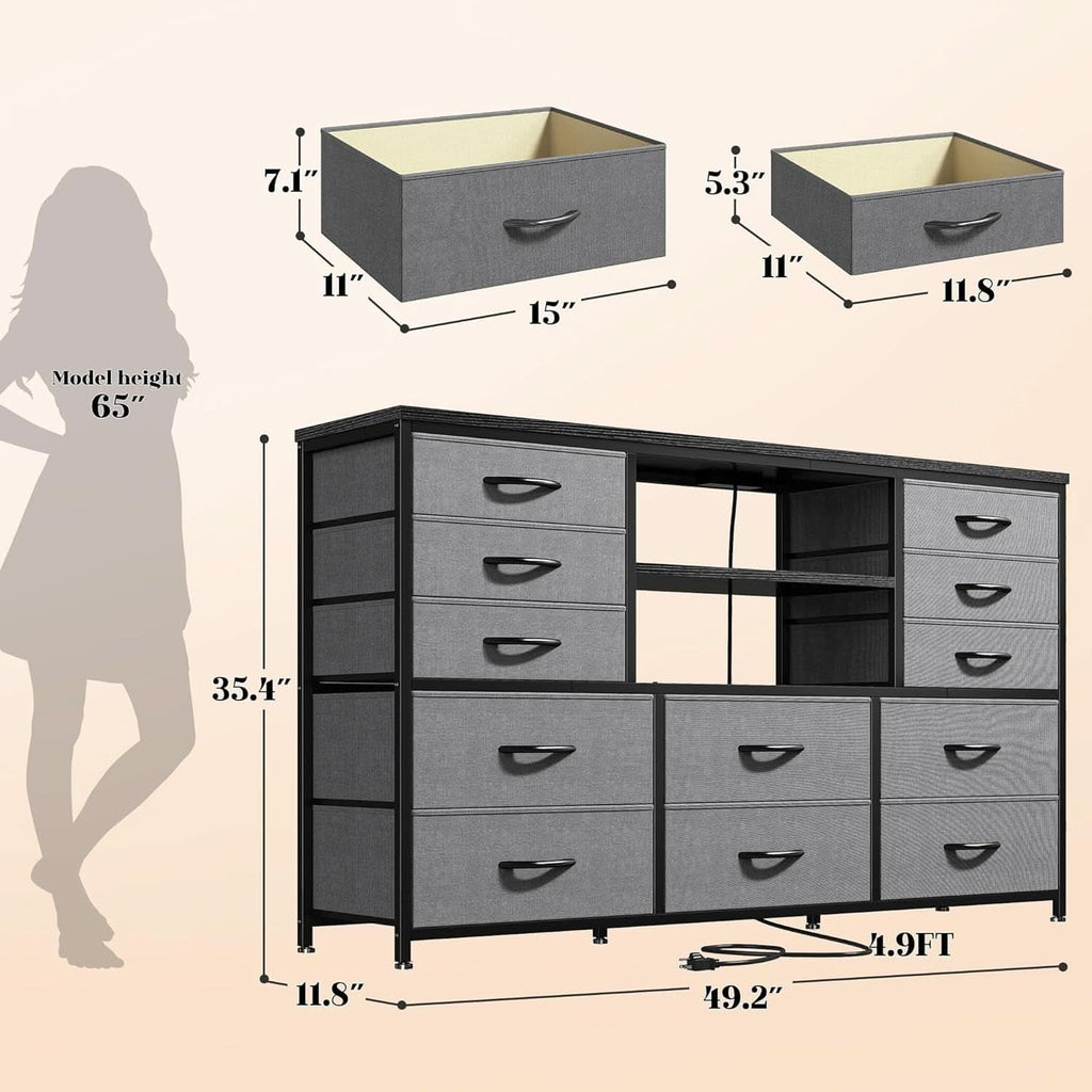 12 Drawer Long Dresser With LED Lights And Built In Power Outlet For Bedroom Storage