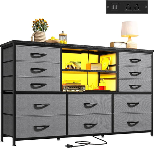12 Drawer Long Dresser With LED Lights And Built In Power Outlet For Bedroom Storage