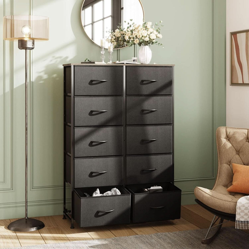 Tall Black Dresser With 10 Drawers And Fabric Bins Storage Organizer