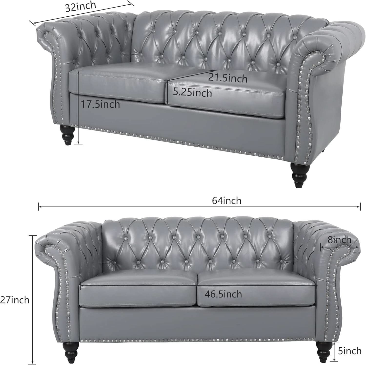 Grey Chesterfield Leather Living Room Set With Scroll Arms