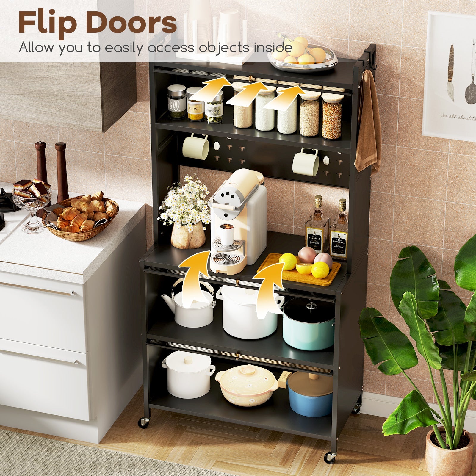 5 Tier Kitchen Bakers Rack with Lights Multifunctional Microwave Stand with Flip Door Cabinets