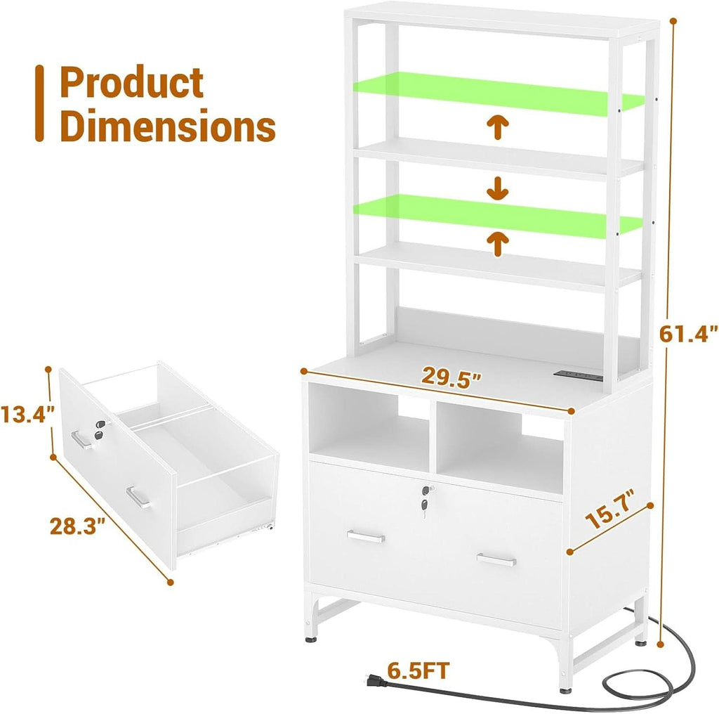 White Printer Stand With Locking File Cabinet And Charging Station