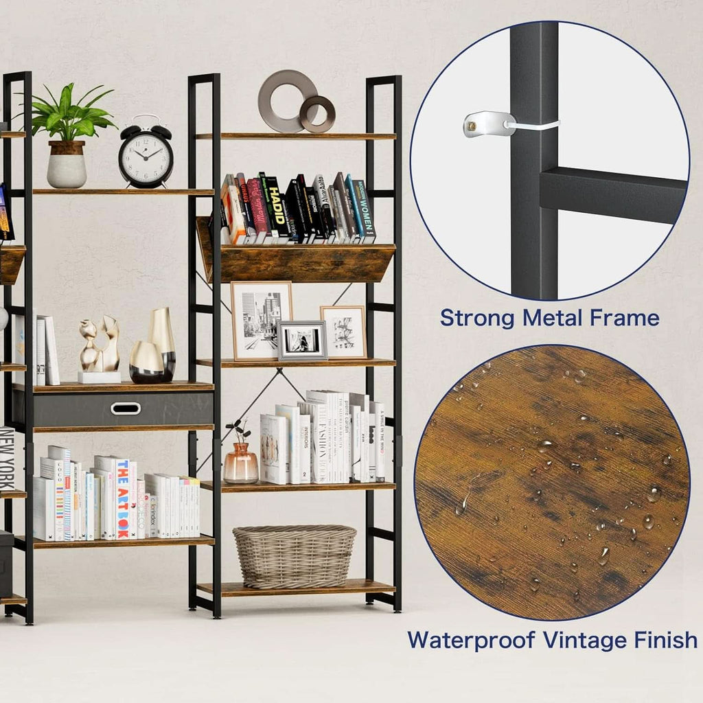 Triple Wide Five Tier Bookshelf Rustic Brown Finish