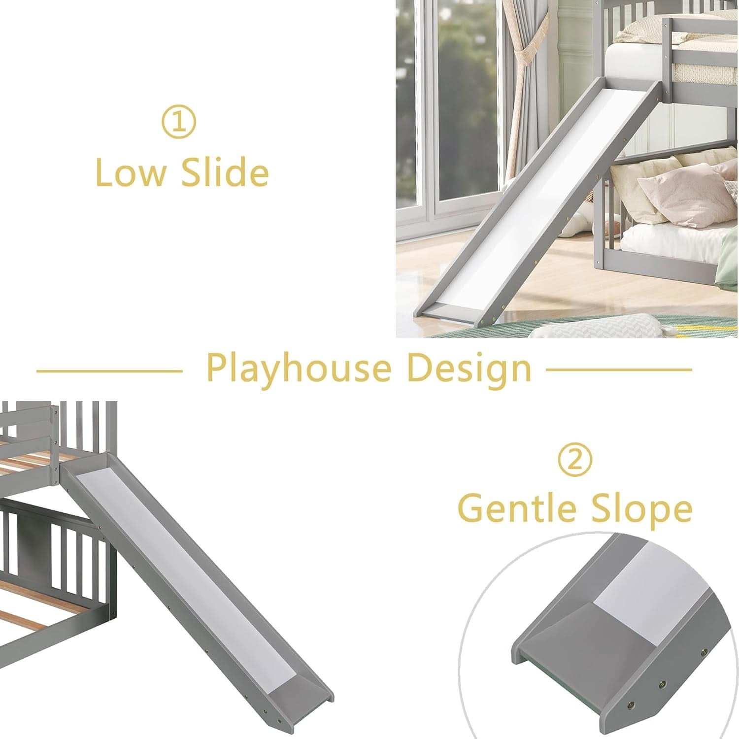 Twin Over Twin Bunk Bed With Slide In Gray For Kids