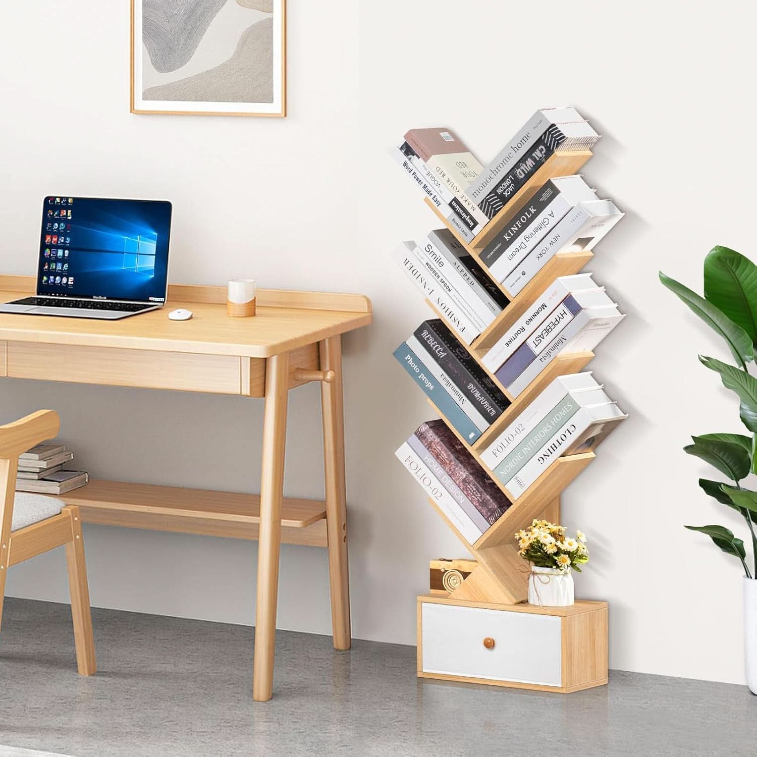 8 Tier Tree Bookshelf With Drawer Natural Wood Bookcase