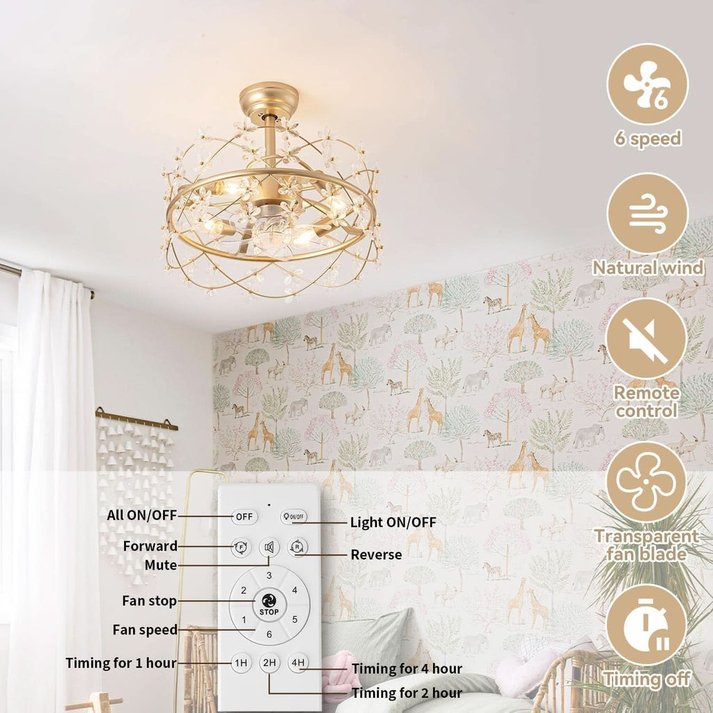 20 Inch Gold Caged Ceiling Fan With Light Remote Control 6 Speed Flower Chandelier Fandelier For Girls Bedroom