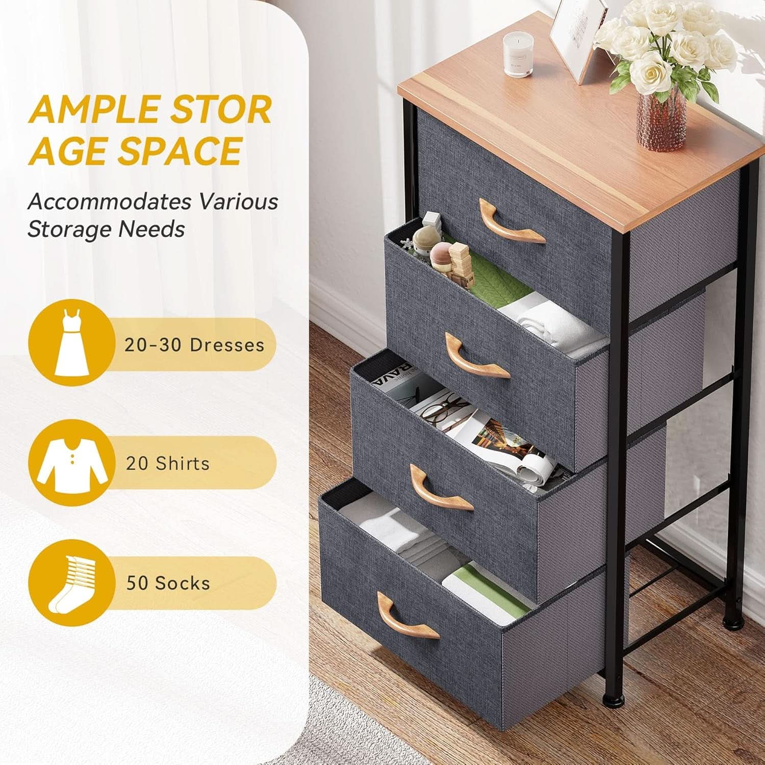 4 Drawer Dresser With Wooden Top And Fabric Storage