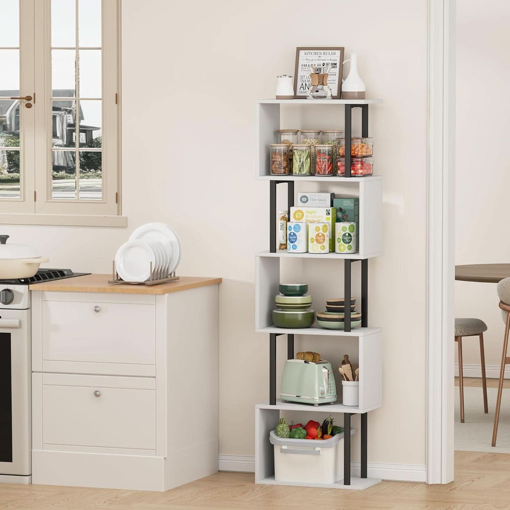 Five Tier Bookshelf White Bookcase Living Room Furniture