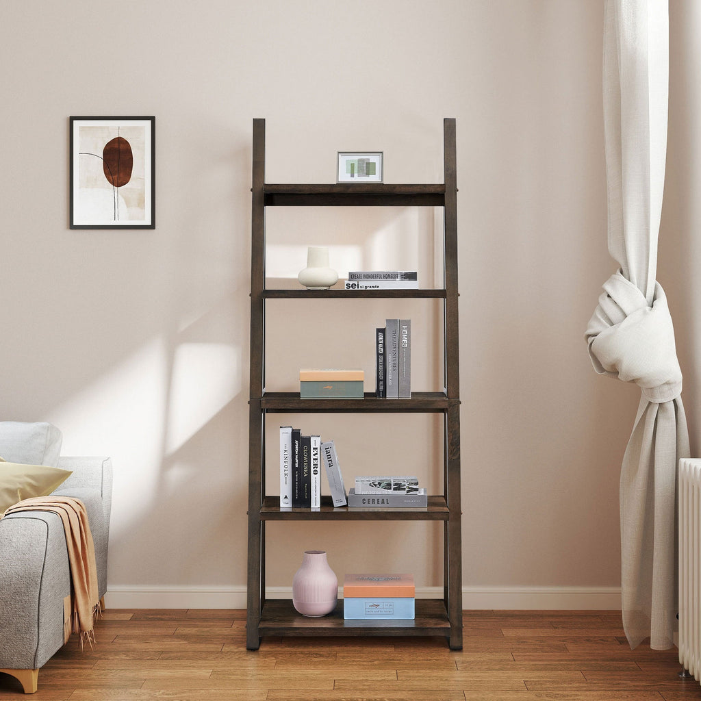 5-Tier Rubber Wood Bookshelf Ladder Storage Rack