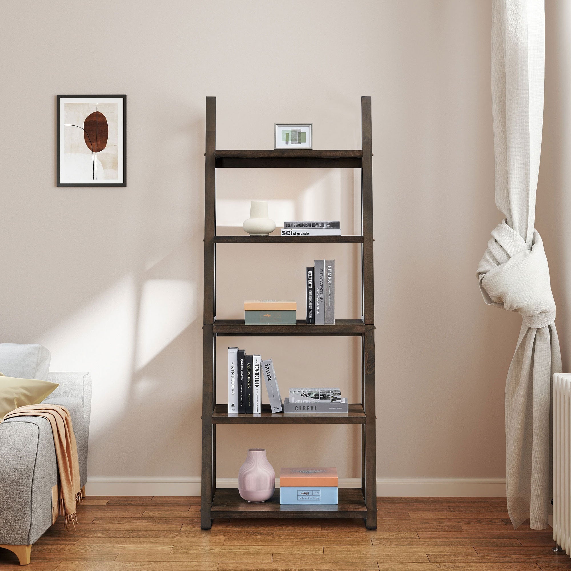 5-Tier Rubber Wood Bookshelf Ladder Storage Rack