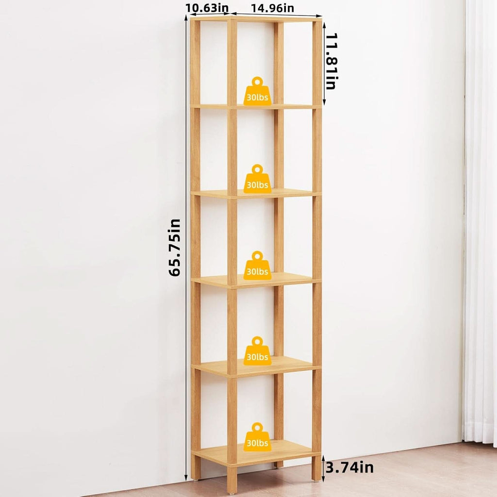 66In Tall 6 Tier Narrow Wood Bookcase Slim Shelf Living Room