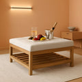Oversized Ivory Upholstered Ottoman With Wooden Shelf