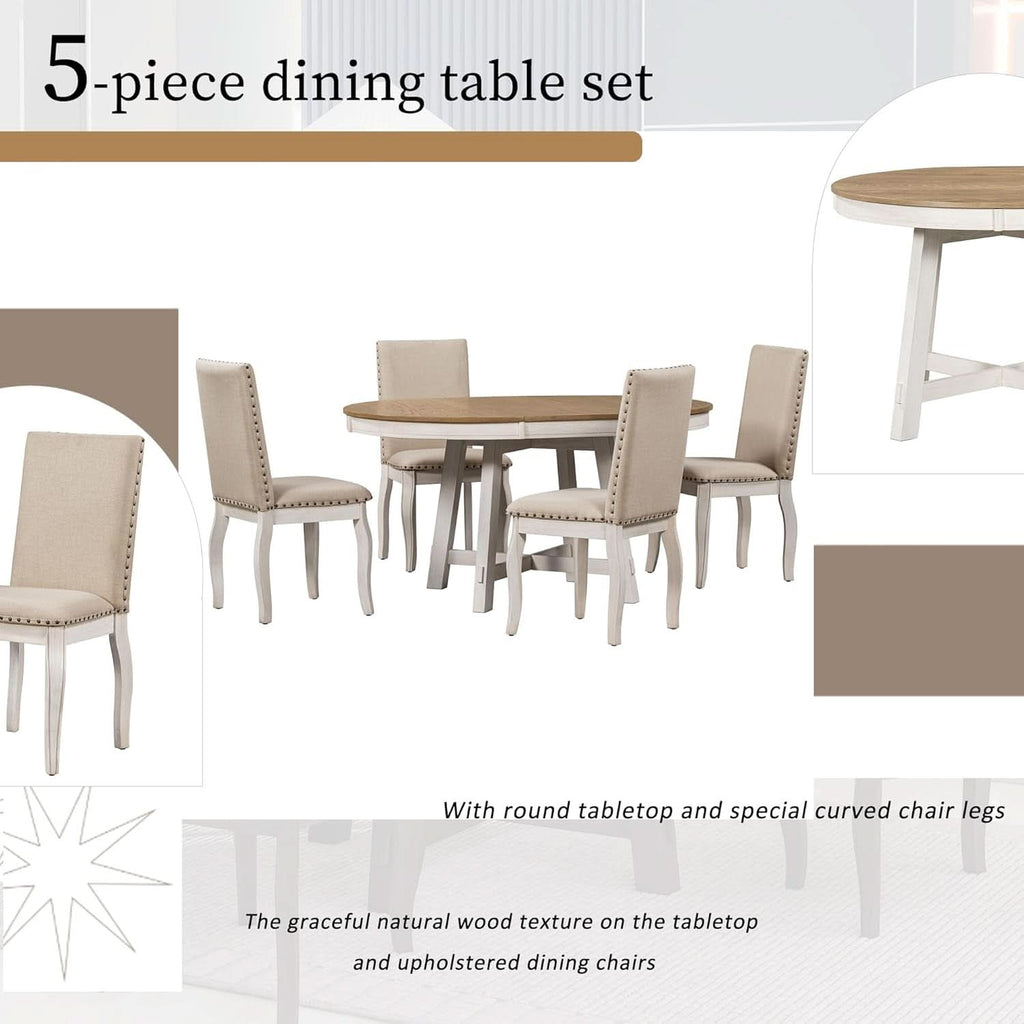 Farmhouse Round Extendable Dining Table Set Oak Finish with Upholstered Chairs