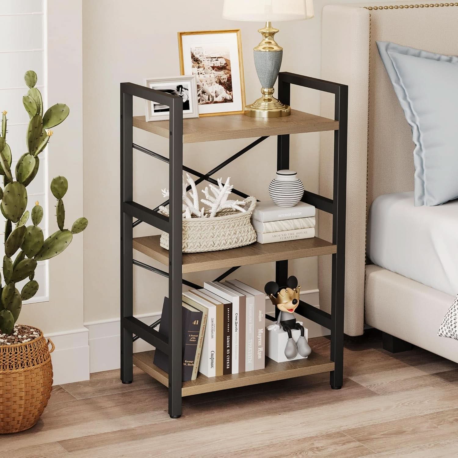 3 Tier Industrial Metal Bookcase Rustic Etagere Shelf Light Coffee