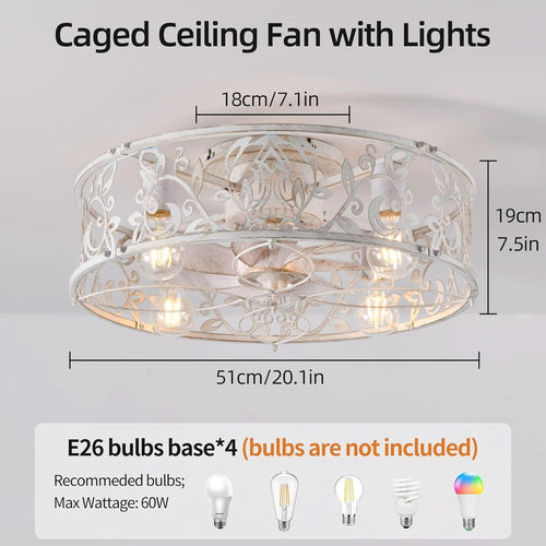 20 Inch Caged Ceiling Fan With Light White Gold Remote