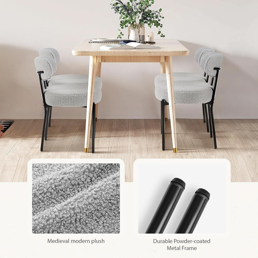 Boucle Upholstered Dining Chairs Set Of 4 With Curved Backrest Metal Legs Grey