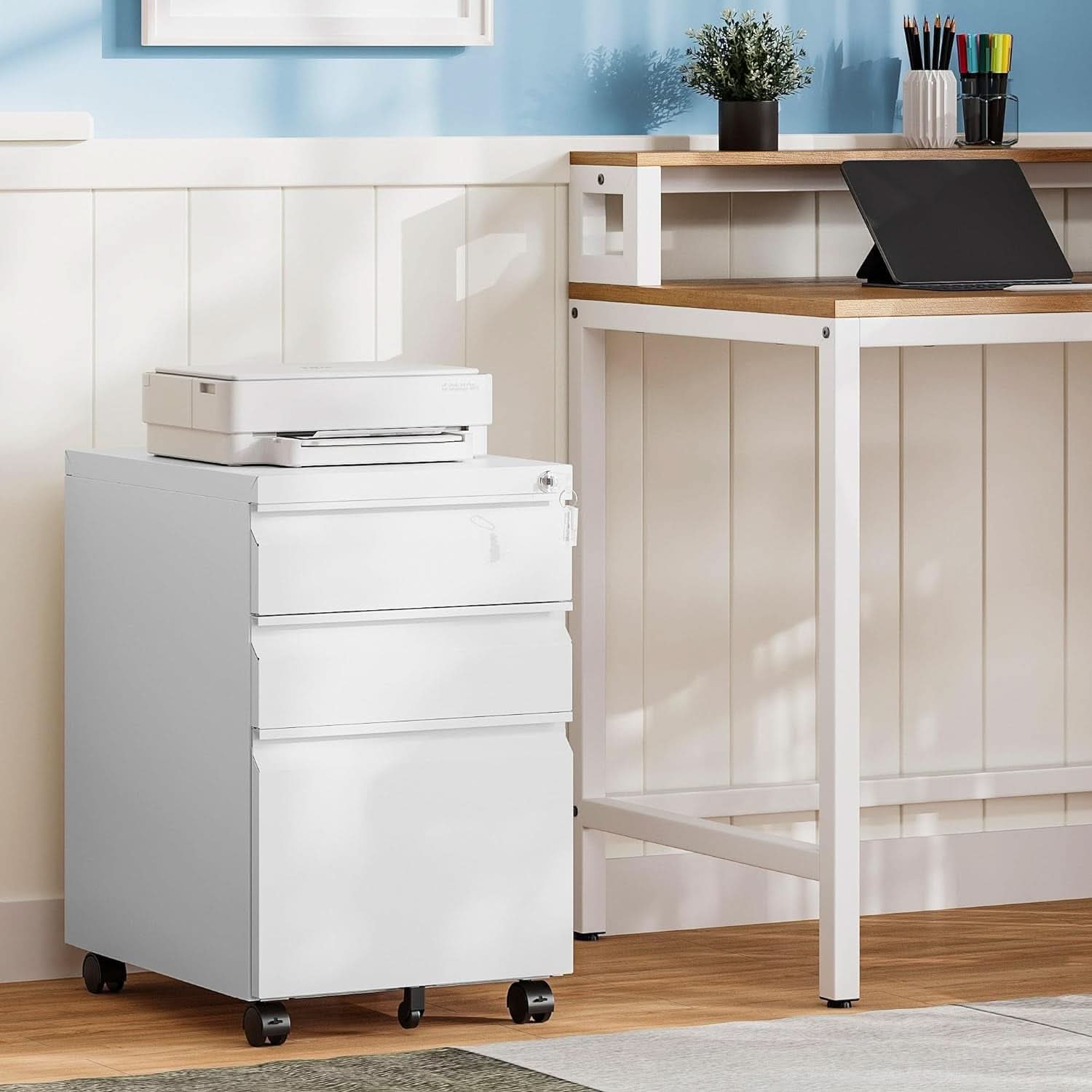 White 3 Drawer Filing Cabinet On Wheels With Lock For Home Office