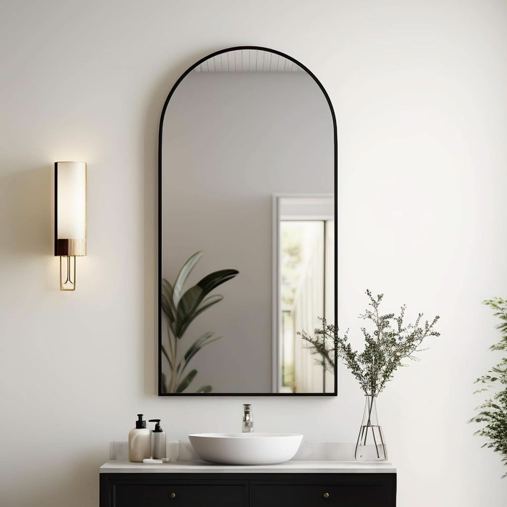 Black Arched Wall Mirror 42x24 Inches With Iron Frame