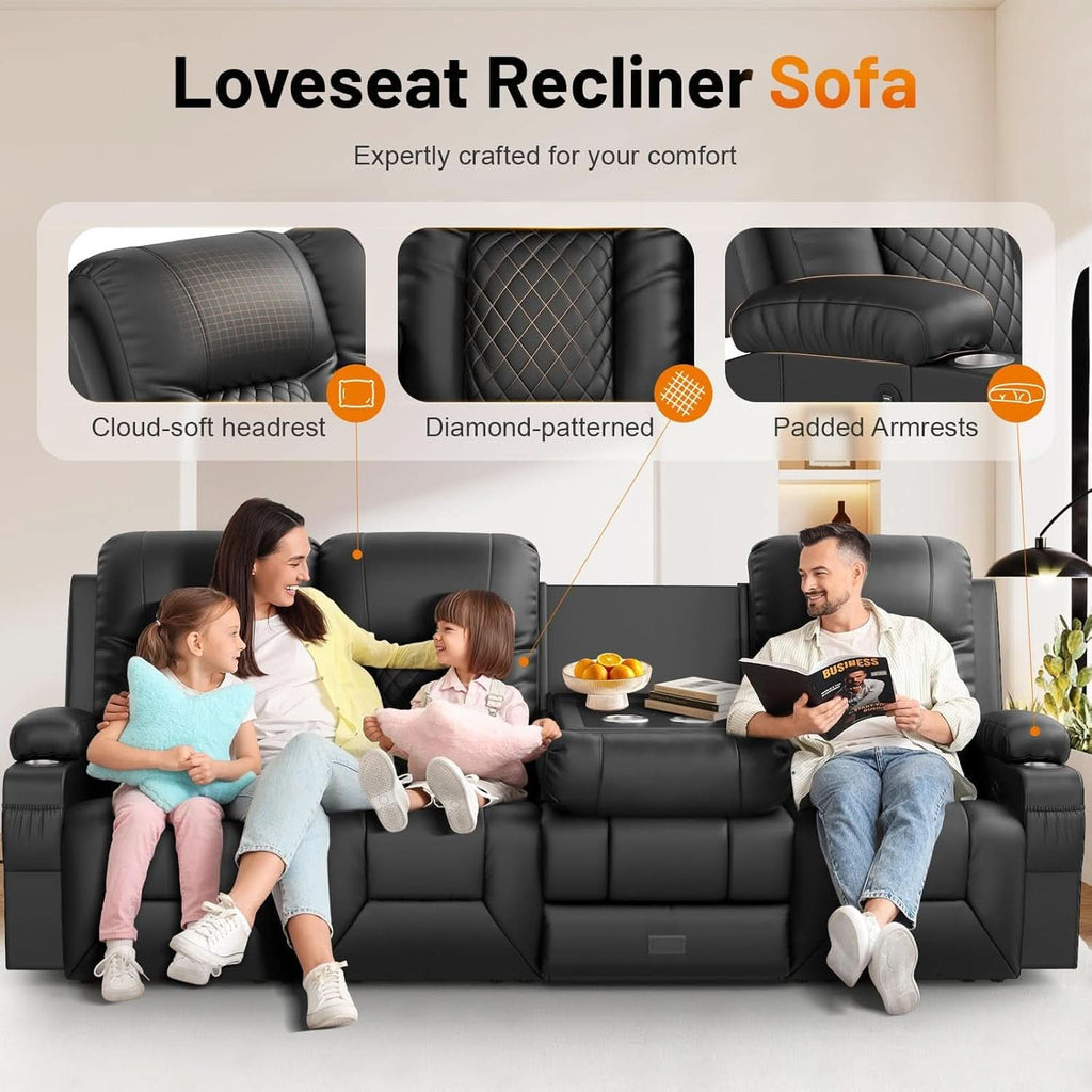 Black PU Leather Four Seater Recliner With USB Ports