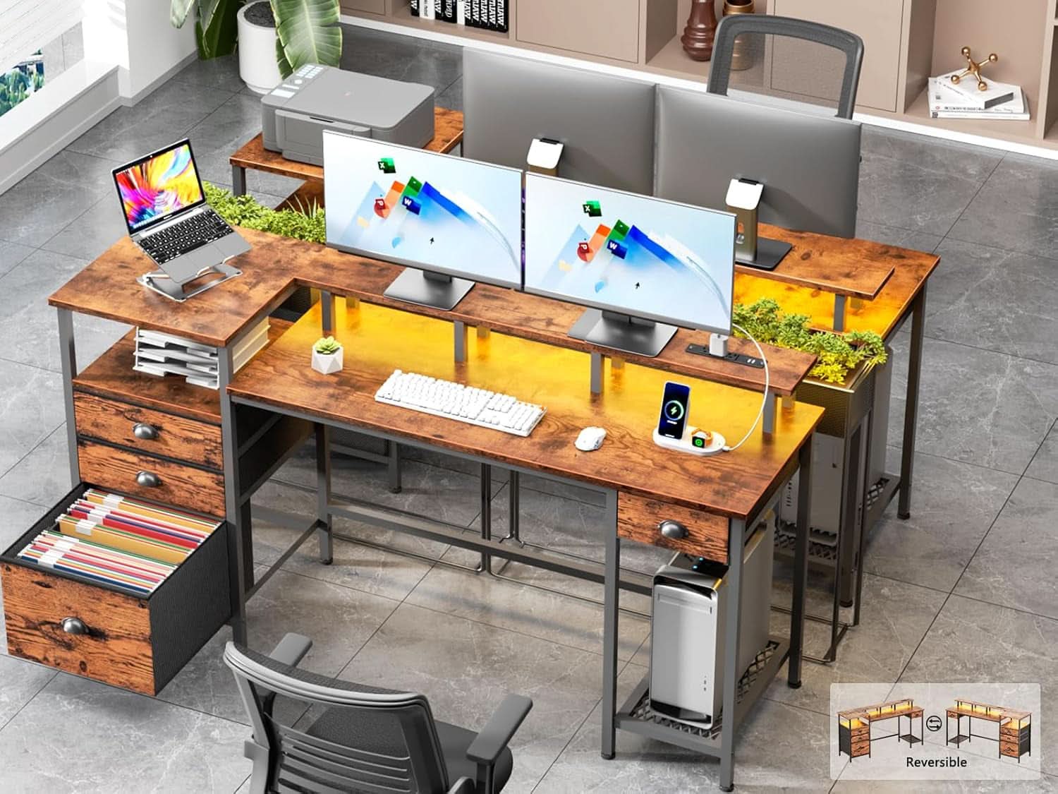 60 Inch Computer Desk With Storage Drawers And LED Lights