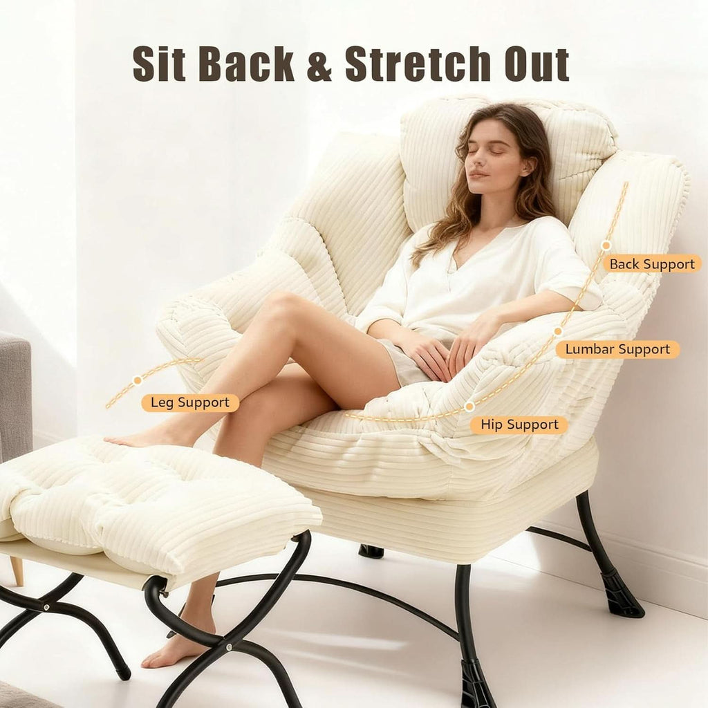 Oversized White Corduroy Reading Chair With Ottoman