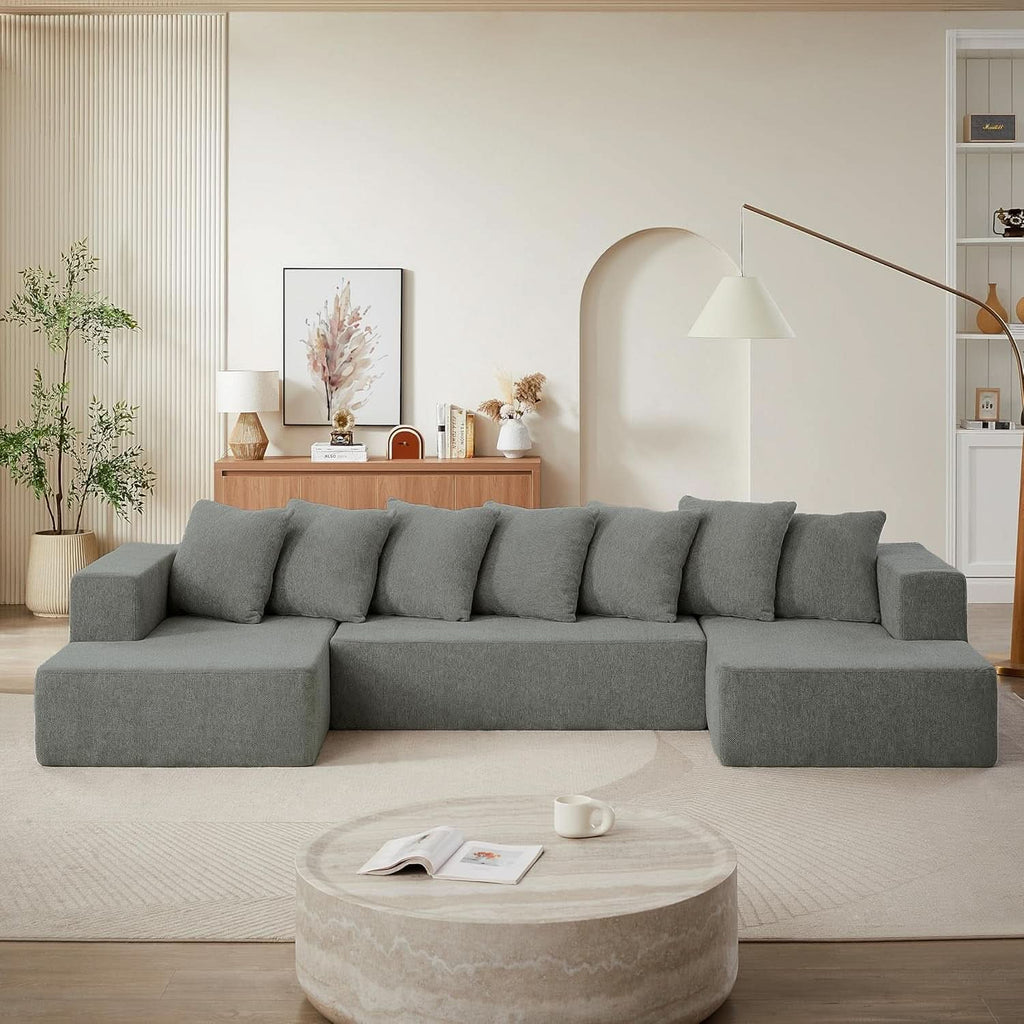 U Shaped Modular Sectional Sofa 6 Seater Grey Chenille