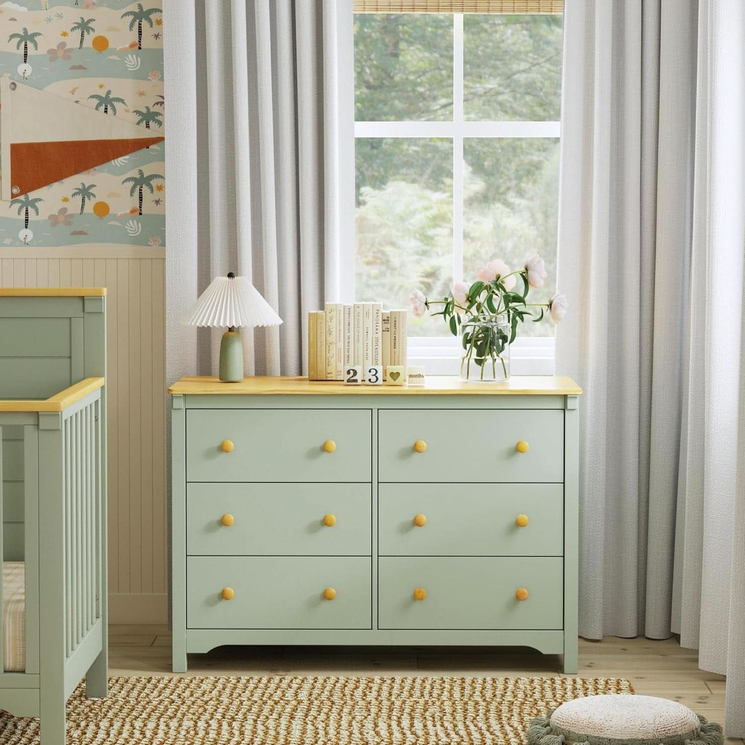 Shea Six Drawer Dresser Light Sage And Honey For Nursery