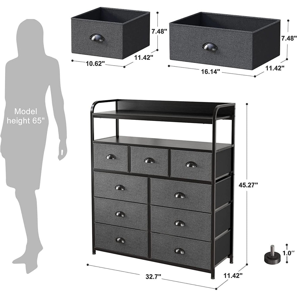 Dark Grey 9 Drawer Tall Fabric Dresser For Bedroom