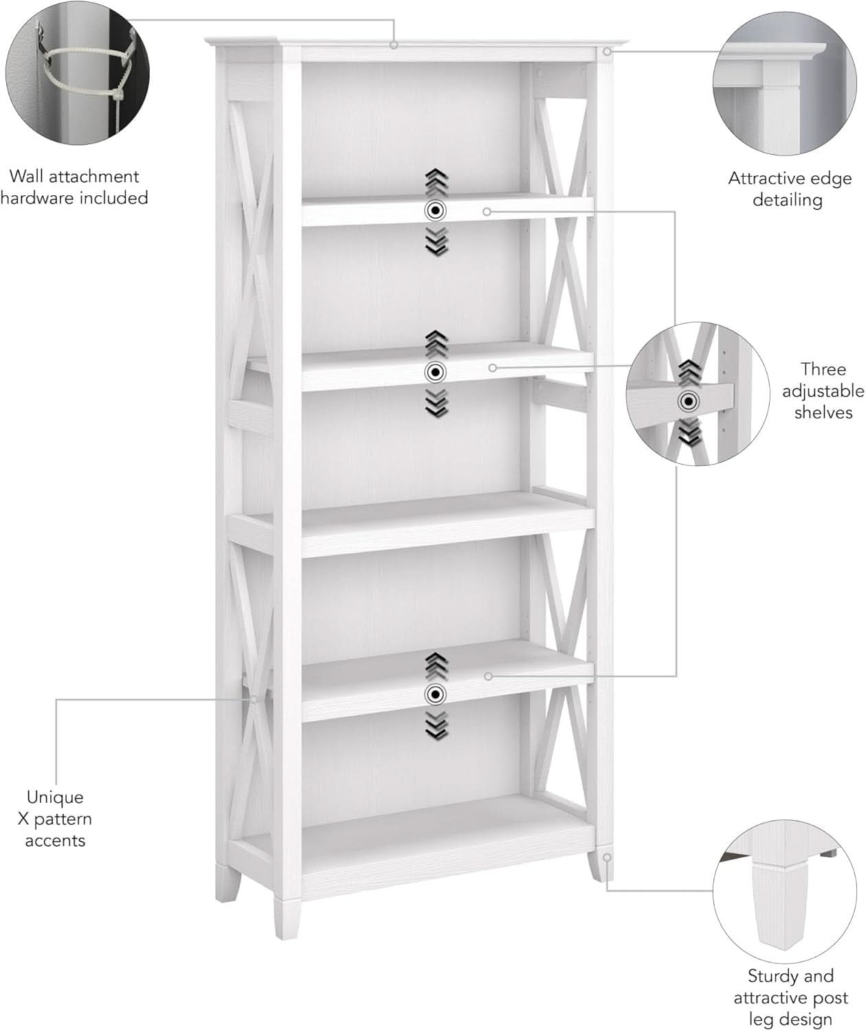 Tall 5 Shelf Bookcase In Pure White Oak Modern Farmhouse